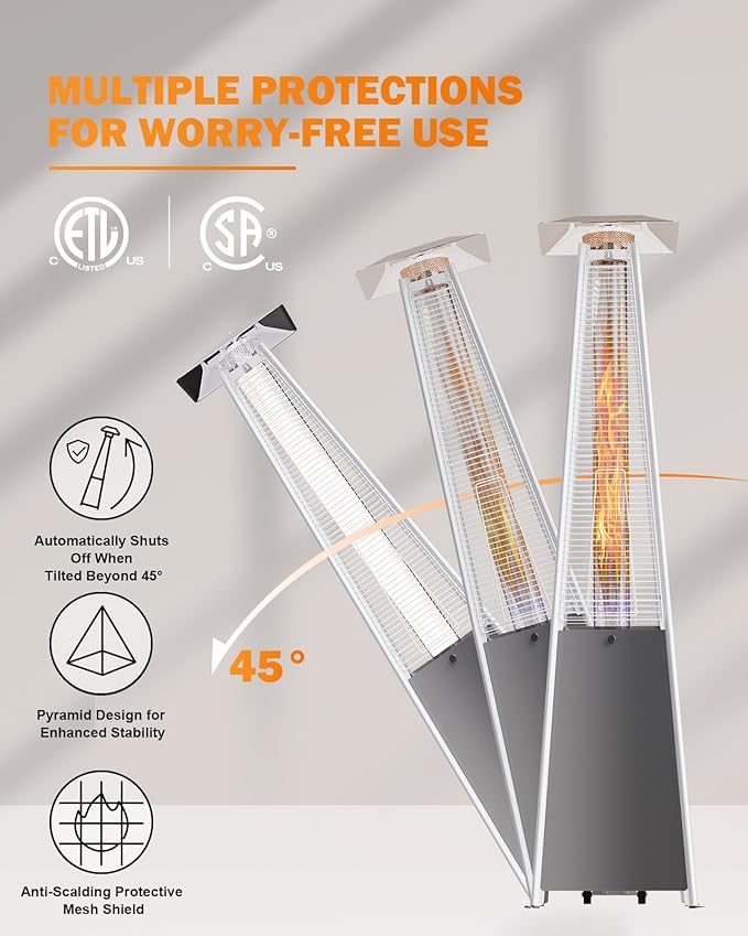 Pyramid Patio Heater, 48000 BTU Fast Heating Outdoor Propane Heater for Wide Area with Wheels & Weatherproof Cover, Triple Protection System for Patio, Yard, Pool, Garden