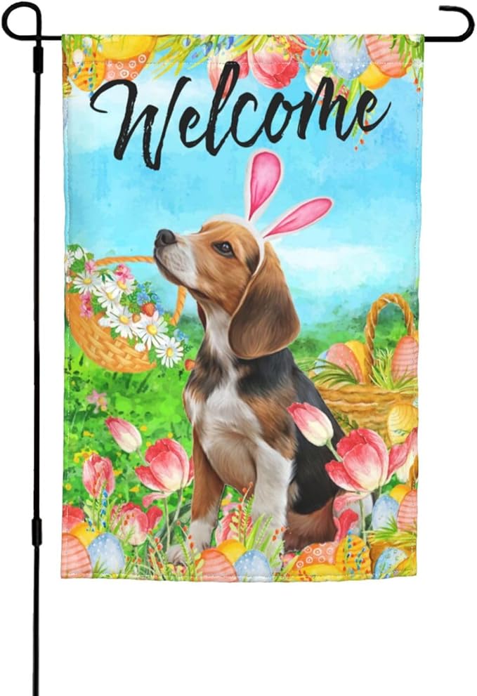 Tulips Cute Beagle Flower Dog Happy Easter Garden Flag Welcome Party Outdoor Outside Decorations Picks Home House Garden Yard Decor 12x18 Inch