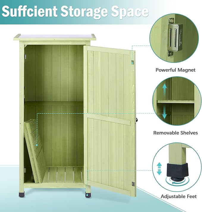 Wooden Outdoor Storage Cabinet, Vertical Garden Tool Shed with Waterproof Metal Roof & 2 Adjustable Shelves Ideal for Yard, Patio, Deck and Porch (Green, 20" x 24" x 48")