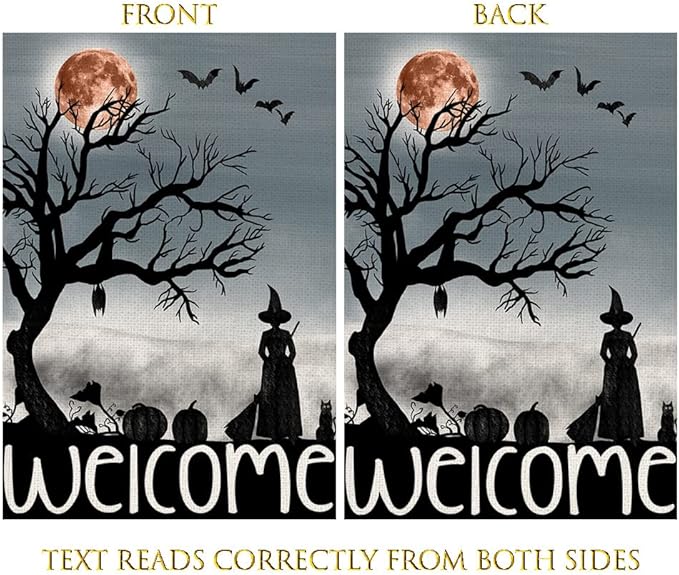 Welcome Halloween Garden Flag 12 x 18 Inch Double Sided Burlap Small Witch Pumpkin Flag Outside Porch Decor Halloween Yard Decoration DF110