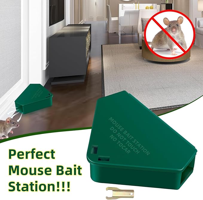 Mouse Bait Station with Keys Indoor Outdoor for Rats Mice Rodents, Reusable Mouse Poisoning Bait Blocks, Friendly for Children & Pets (16, Green 1)