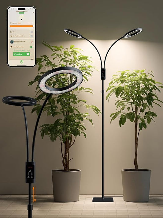 Smart Grow Lights for Indoor Plants,48W 2-Head Plant Light with Auto-Timer, Full Spectrum LED Grow Light, Adjustable Height & Stepless Dimming,Plant Assistant Suitable for Most Plants (Black, 48W)