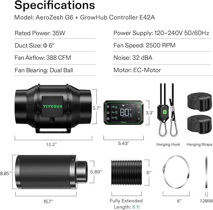 VIVOSUN Smart Air Filtration PRO G6 Kit 6", AeroZesh G6 Inline Duct Fan w/GrowHub E42A Temp. Humidity WiFi-Controller, Carbon Filter & Ducting, Cooling & Ventilation System for Grow Tent, Hydroponics