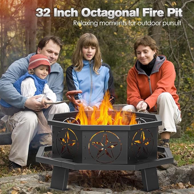 32 Inch Octagonal Outdoor Fire Pit,Wood Burning Fire Pit with Fire Poker,Firepits for Outside Bonfire,Camping,Backyard, Garden,Patio