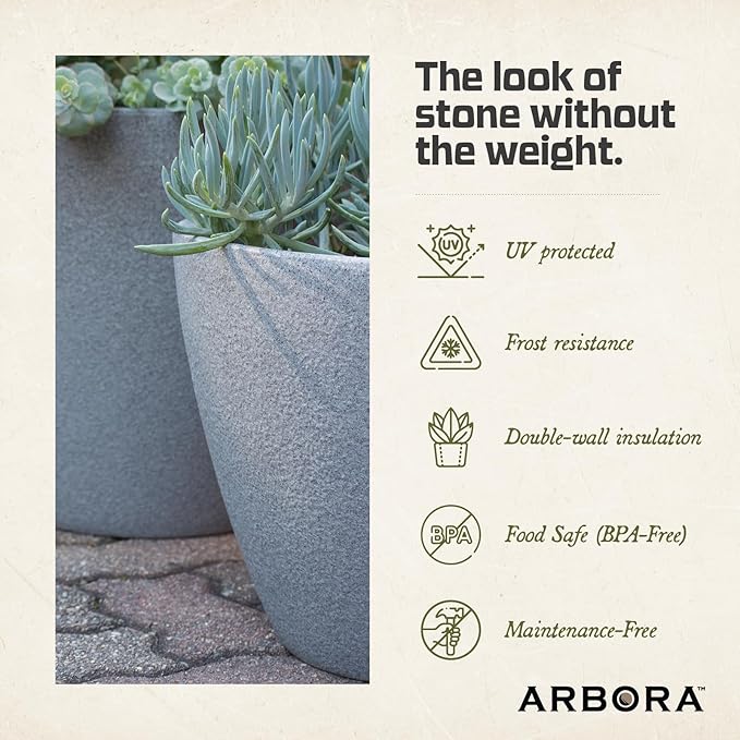 ARBORA 16" Valencia Polyresin Indoor and Outdoor Planter with Stone Blend Concrete Gray Finish - Durable, Weatherproof, Lightweight, Large Plant Pot for Patio, Garden, Deck, Entryway