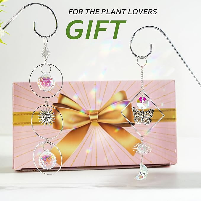 HDCRYSTALGIFTS 4 Pack Crystal Sun Catchers with Small Trellis for Potted Plants Indoor Plant Stake Suncatcher Decoration for Home Window Garden, Sliver