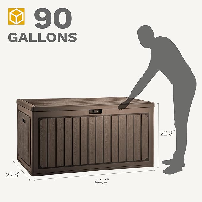 DWVO 90 Gallon Resin Outdoor Storage Box, XXL Double-Wall Waterproof Deck Box, Doubles as Table or Seating with 450 lbs Capacity, Lockable (Brown)