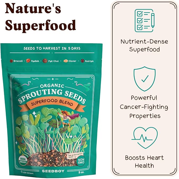 Seedboy Organic Sprouting Seeds - Superfood Blend - Non-GMO, USA Grown Microgreens Mix - Broccoli, Radish, Pak Choi, Clover, Red Kale - Makes 8 Quarts of Sprouts, 24 Servings (8 oz) (Superfood Blend)