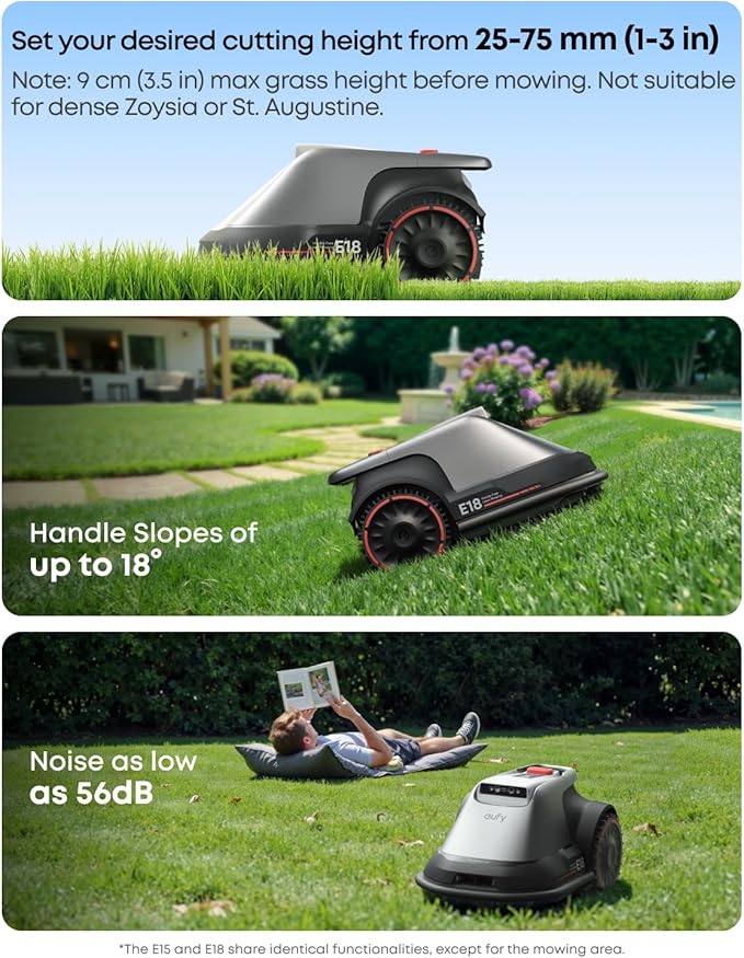 eufy E18 Robot Lawn Mower,Max 0.3 Acres,Wireless Robot Mower with Auto Mapping,Vision Navigation,Multi-Zone Management,Robotic Lawnmower with AI Obstacle Avoidance,APP Control,18°Slope,Cut Height1-3"