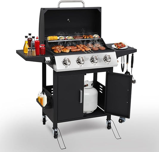 4-Burner Propane Gas BBQ Grill with Wheels, 40,000 BTU Output Stainless Steel Barbecue Grill for Backyard & Outdoor Cooking Easy Assembly, Foldable Side Tables & Spice Rack (Dark Black)
