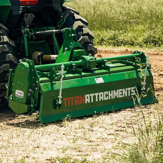 Titan Attachments 3 Point 72" Rotary Tiller Attachment, Fits Cat 1 Tractors, Green Finish, PTO Driven Cultivator with a 540 RPM Gearbox, Replaceable Tines, Aerates Ground Soil
