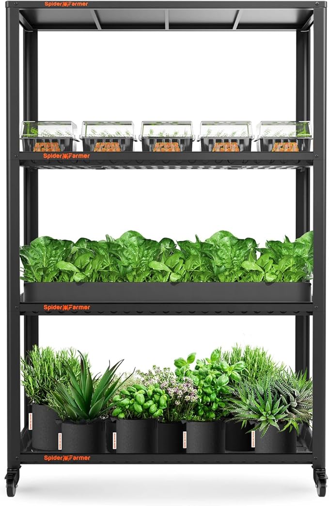Spider Farmer Plant Stand 3 Tier Heavy-Duty Metal SF600 Plant Shelf With Waterproof Trays and Lockable Wheels For Flower Pot Display Easy Assembly Rack Black Indoor Outdoor 46Lx15Dx70H