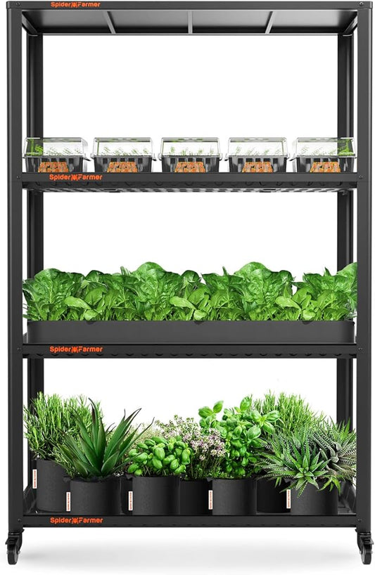 Spider Farmer Plant Stand 3 Tier Heavy-Duty Metal SF600 Plant Shelf With Waterproof Trays and Lockable Wheels For Flower Pot Display Easy Assembly Rack Black Indoor Outdoor 46Lx15Dx70H