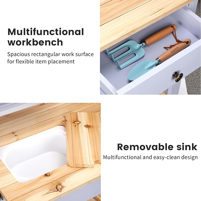 Kids Potting Bench Table Outdoor Garden Table Wooden Work Station Outdoor Garden Work Bench Platform with Removable Sink Hooks 3 Side Flower Pots Natural Wood Blue Gift for Boys Girls