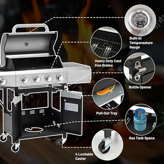 4-Burner Propane Gas BBQ Grill with Side Burner, 51000 BTU Stainless Steel Gas Grill with Rain Cover for Outdoor, Camping, Barbecue Grilling Backyard Cooking (4+1 burner)