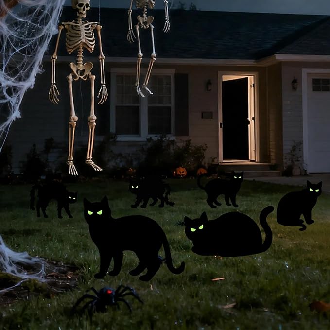 6 Pcs Black Cat Yard Signs with Night-Shining Eyes,Spooky&Scary Decor for Outdoor Lawn Garden Halloween