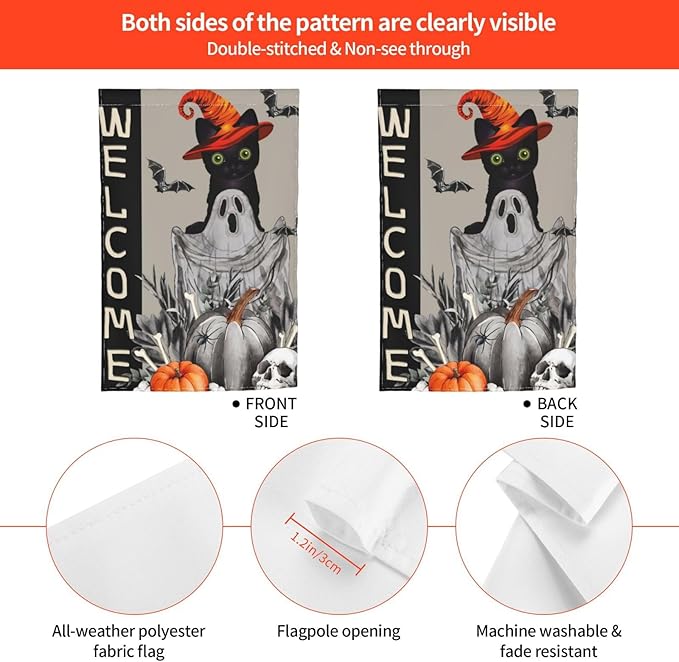 Halloween Ghost Cat Boo Pumpkin Skull Bat Garden Flag Welcome Party Outdoor Outside Decorations Picks Home House Garden Yard Decor 12x18 Inch