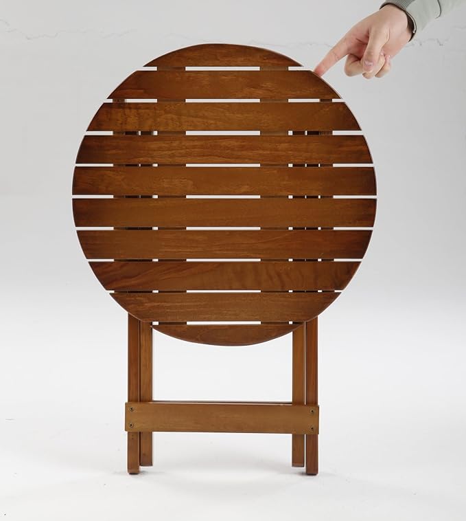 Small Round Folding Side Table Set of 2, Patio Foldable Wooden Outdoor End Tables for Indoor Porch Camping Living Room Bedside Couch, as Coffee Table or Plant Stand, Brown