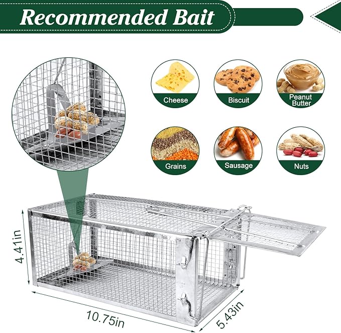 2 Pack Humane Rat Trap, Metal Mouse Cage Traps and Other Small Live Animals Cage, Easy to Catch and Release, Work for Indoor Outdoor