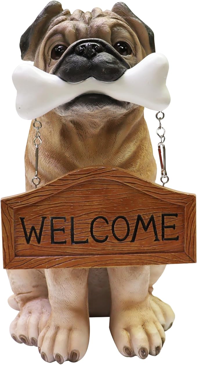 Nature's Mark Pug Dog Puppy Statue with Reversible Welcome Sign and Go Away Sign Resin Garden Decor 12" H