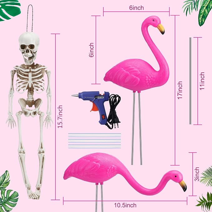 8 Pcs Halloween Skeleton Flamingo Decoration Outdoor Yard Ornament 15.7" Plastic Skeleton Decor with Posable Legs Flamingo Statue Decor for Yard Garden Lawn (Pink,S,Classic)