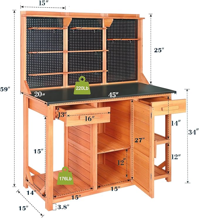 Outdoor Potting Bench,Wooden Potting Table with Metal Tabletop,Garden Work Bench with Drawer and Free Matching Storage Cabinet Shelf/Hooks for Backyard,Patio,Greenhouse (Black, 40 * 59 * 20in)