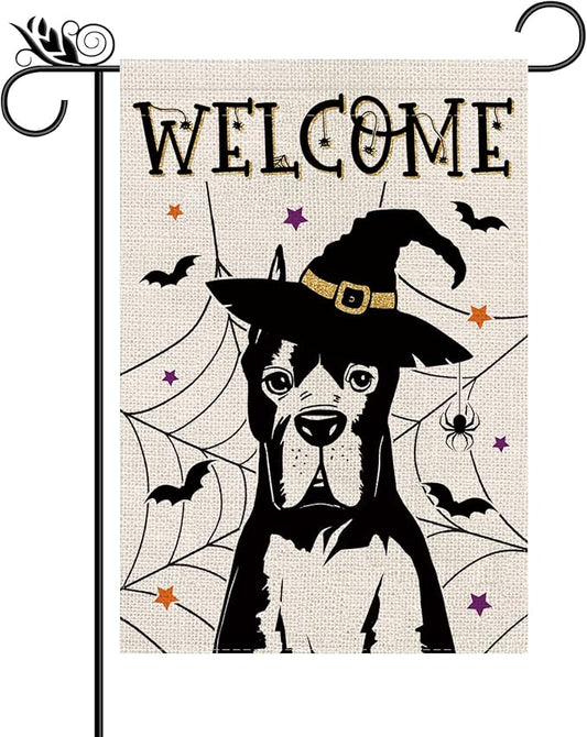 Halloween Garden Flag Great Dane Cobweb Bats Double Sided Vertical Welcome Flag Seasonal Holiday Outdoor Yard Lawn Party Decorations 12.5 x 18 Inch