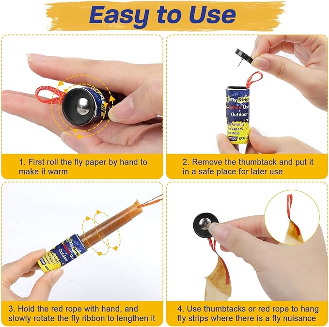 40 Pack Fly Strips Ribbon Sticky Indoor Outdoor Hanging, Fruit Flies Traps Outdoor Paper Indoor, Gnat Tape Catcher for Home