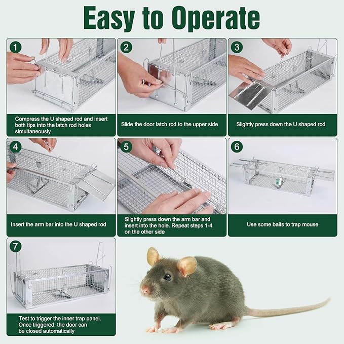 Humane Rat Trap, Dual Door Metal Mouse Cage Traps and Other Small Live Animals Cage, Mouse Trap with 2 Detachable U Shaped Rod, Easy to Catch and Release, Work for Indoor Outdoor