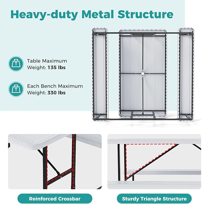 Giantex Picnic Table Bench Set for 4 People, 4.5FT Outdoor Rectangular Dining Table & 2 Benches w/Umbrella Hole, HDPE Tabletop, Metal Frame, Patio Garden Backyard Poolside (4.5FT,Non-Foldable,White)