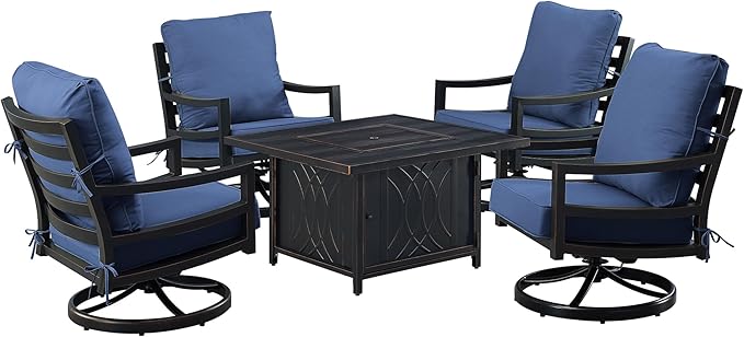 Oakland Living Black Aluminum Patio Fire Table Set with Four Club Chairs with Blue Cushions