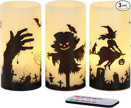 Eldnacele Halloween Flickering Candles Set of 3 Battery Operated Halloween Themed LED Candles Horror Spooky Decoration…