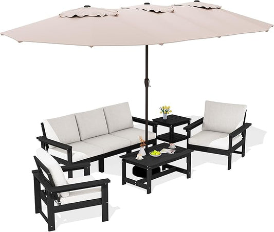 SERWALL HDPE Patio Furniture Set with 15FT Double Side Patio Umbrella, 7-Piece Outdoor Modular Sectional Sofa Set, All Weather Patio Couch Set for Deck, Black & Beige（Umbreall Base not Included）