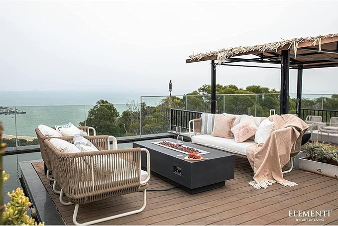 Elementi Granville Gas Fire Pit Cast Concrete Fire Table, Outdoor Fire Pit Electronic Ignition | Canvas Cover, Lava Rock Included | Free AMS Wind Guard | Dark Gray (Propane Gas)