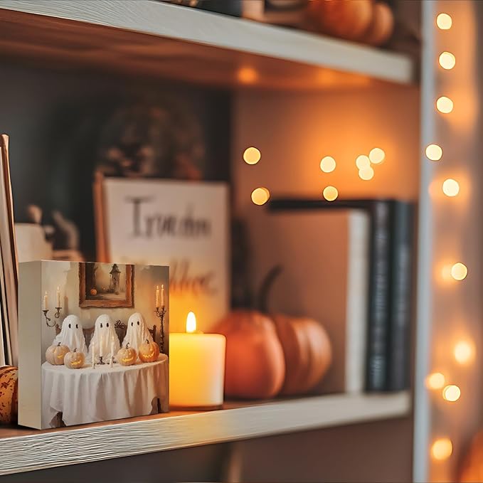 Mtrgdn Cute Halloween Decor,Halloween Decorations Indoor,Ghost with Pumpkin Desk Decor Wooden Box Sign,Halloween Home Office Kitchen Bathroom Bedroom Coffee Bar Table Shelf Wall Decorations,5x5 Inch