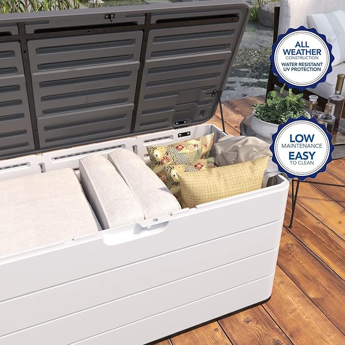 100 GAL Resin Deck Box - Lockable Waterproof Outdoor Storage Bench for Patio Cushions, Garden Tools & Pool Accessories - Wood-Look Texture, White