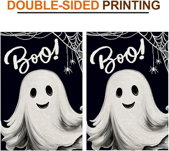 Halloween Ghost Garden Flags for Outside 12x18 Double Sided Burlap, Spooky Boo Sign Welcome Small Flag Farmhouse Holiday Yard Lawn Outdoor Decorations DF886