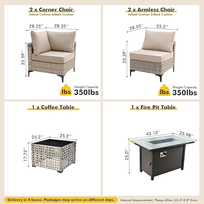 Outdoor Sectional Patio Furniture Set with Fire Pit Table and Glowing Table,6 Pieces Wicker Conversation Sets L Shaped Couch Out Door Sofa Set Outside Furniture for Garden Deck Yard,Beige