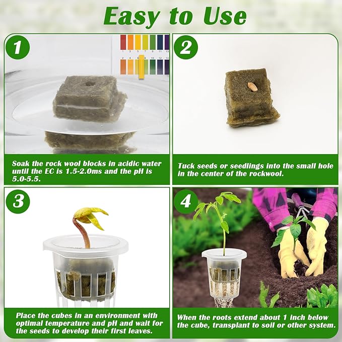 100 Pcs Rockwool Cube for Hydroponics with Net Pot, 50P 1Inch Rockwool Stonewool Plug & 50P 1.5Inch Net Cup for Seed Starter Soilless, Hydroponics, Plant Germination Start (Transparent)