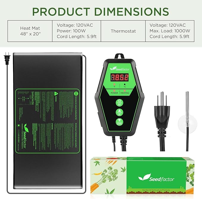 Seedfactor 48" x 20" MET Certified Seedling Heat Mat and Digital Thermostat Combo Set