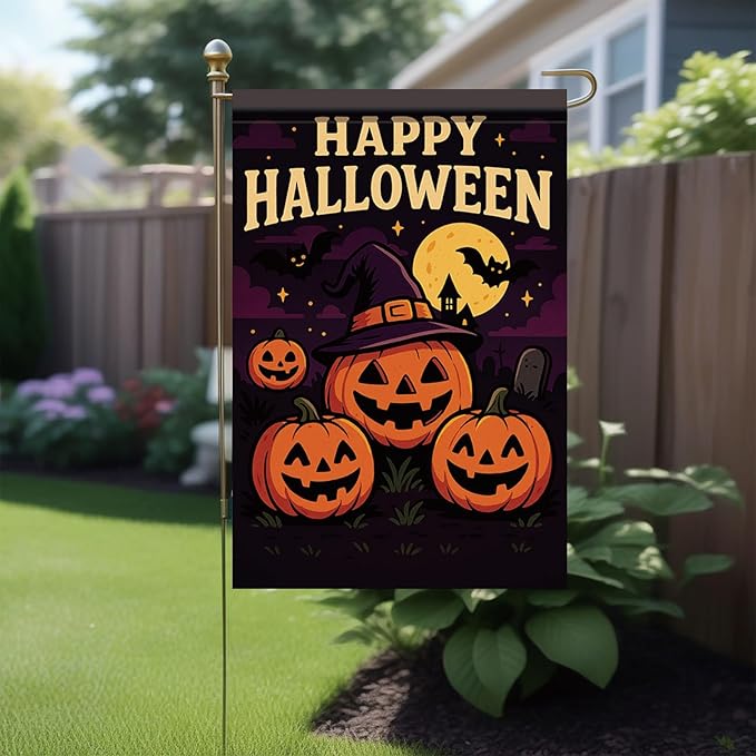 Happy Halloween Garden Flag Pumpkin Witch Hat Bats 12x18 Inch Double Sided Outdoor Yard Banner for Trick or Treat Haunted House Halloween Decoration Decor