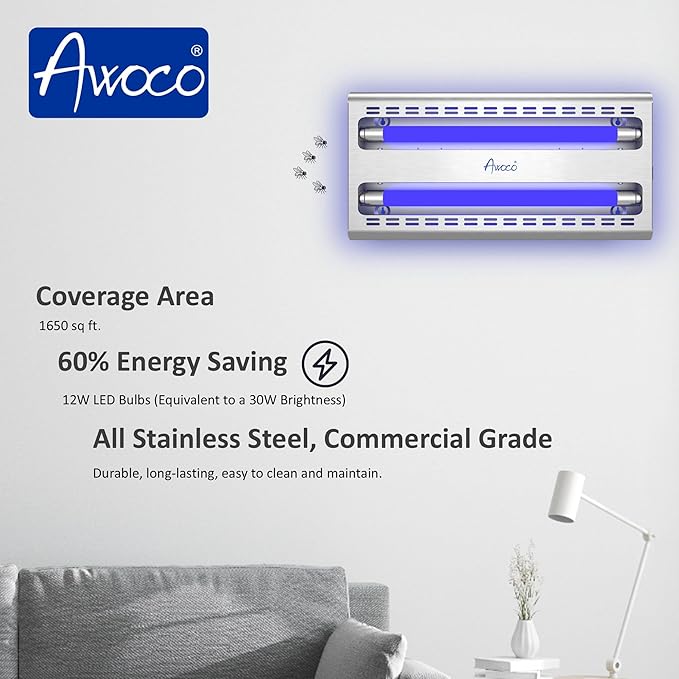 Awoco 12W LED Stainless Steel 100V-240V Wall Mount Sticky Fly Trap Lamp for Capturing Flies, Mosquitoes, Moths and Flying Insects, Perfect for Home, Restaurants, Kitchens, Warehouses