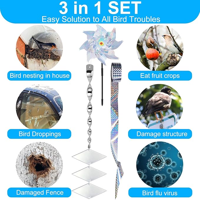 Bird Devices Outdoor Set, Bird Reflectors to Keep Birds, Bird Reflectors Shiny Wind Spinners, Reflective Pinwheels with Stakes, Keep Geese, Pigeon, Duck, Woodpecker Away