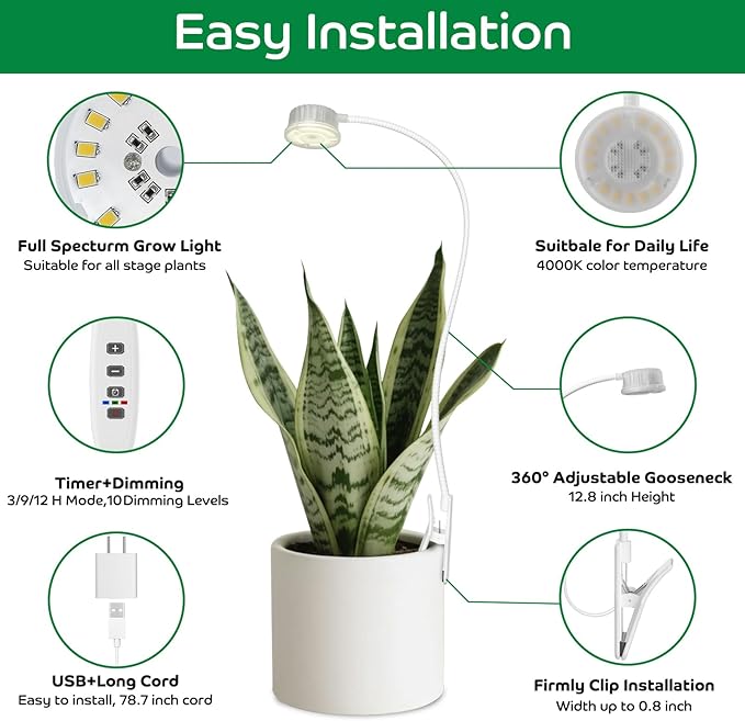 Grow Lights for Indoor Plants Growing, Pot Clip On Full Spectrum LED Plant Lights with Adjustable Gooseneck and 10L Brightness, 3/9/12 Hrs Auto On Off Timer for Indoor Small Plants (1 Pack)