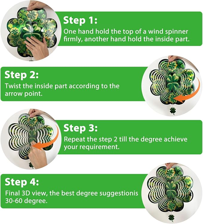 St. Patrick's Day Wind Spinner, St Patricks Day Decorations Gifts for Women, 3D Shamrock Hanging Wind Spinners for Outdoor & Indoor Decor, 12 Inch Metal Wind Spinner for Garden Yard Home Ornament