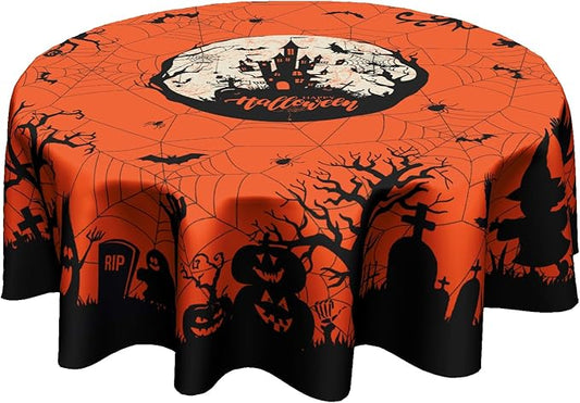 Happy Halloween Table Cloth, Pumpkin Spiders Ghosts Washable Polyester Round Tablecloth 60 inch for Kitchen Dinner Dining Room Indoor Outdoor Holiday Halloween Party Decoration
