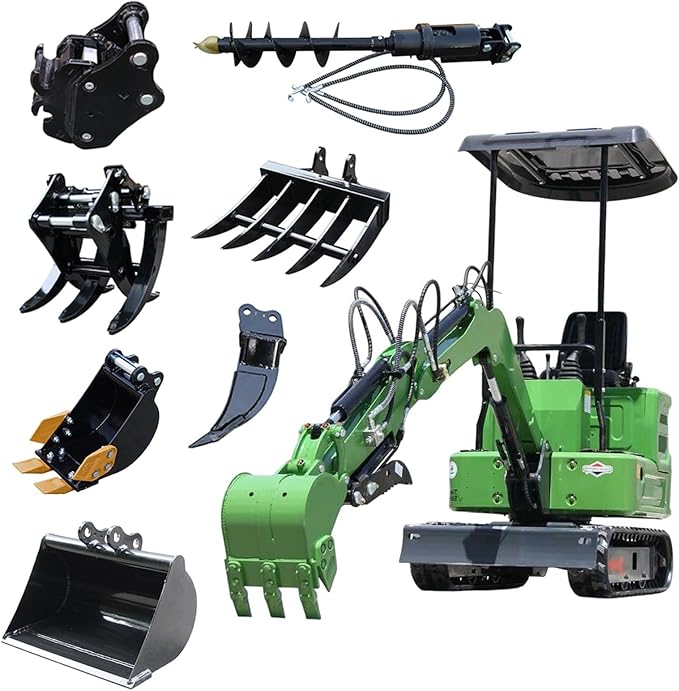 Mini Excavator for 1 Ton B&S Engine with Hydraulic Thumb Clamp,Standard Bucket, 200mm Bucket,Ripper, Mud Bucket, Rake, Auger,Grapple, Quick Change Attachments (G 7 attachments-2)