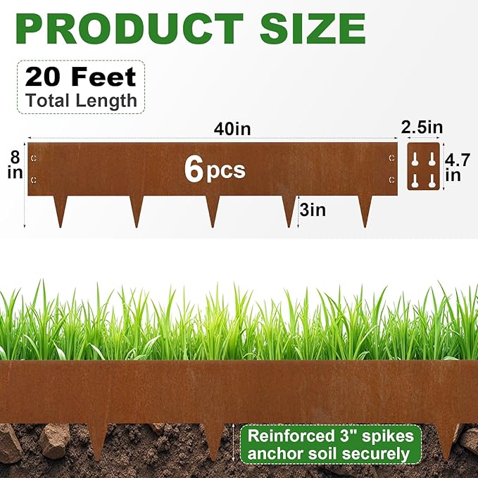 Heavy-Duty Cor-Ten Steel Landscape Edging (8" H x 40" L) - 6-Pack (20 Ft Total) | Pre-Rusted, Weatherproof Garden Border | Hammer-in, No Dig, Bendable Design for Lawns, Flower Beds & Trees