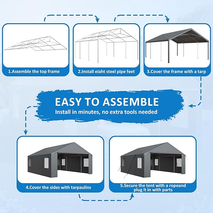 Polar Aurora Carport 20x20 FT, Heavy Duty Car Port Canopy, with 2 Side-Opening Door & Roll-Up Windows, Outdoor Portable Garage for Car, Truck, Boat, Motorcycle