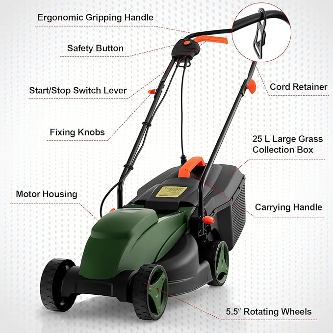 Electric Lawn Mower, 13" Corded Lawnmower with 10 Amp Copper Motor, 6.6-Gallon Grass Collection Box & 3-Position Heights, Push Lawn Mower Electric De-thatcher for Garden & Farmyard (Green)